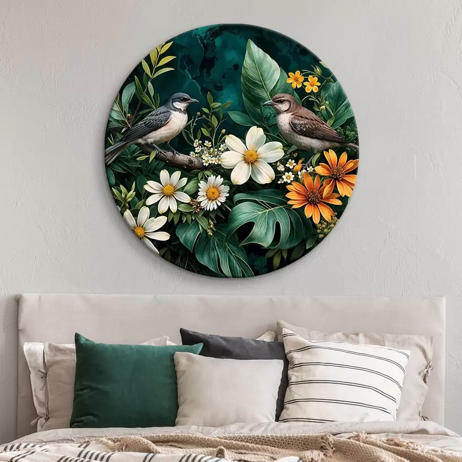 murales de pared Pequeños pájaros posados en ramas rodeadas de exuberante follaje tropical , incluyendo grandes hojas verdes y flores de colores r42220
