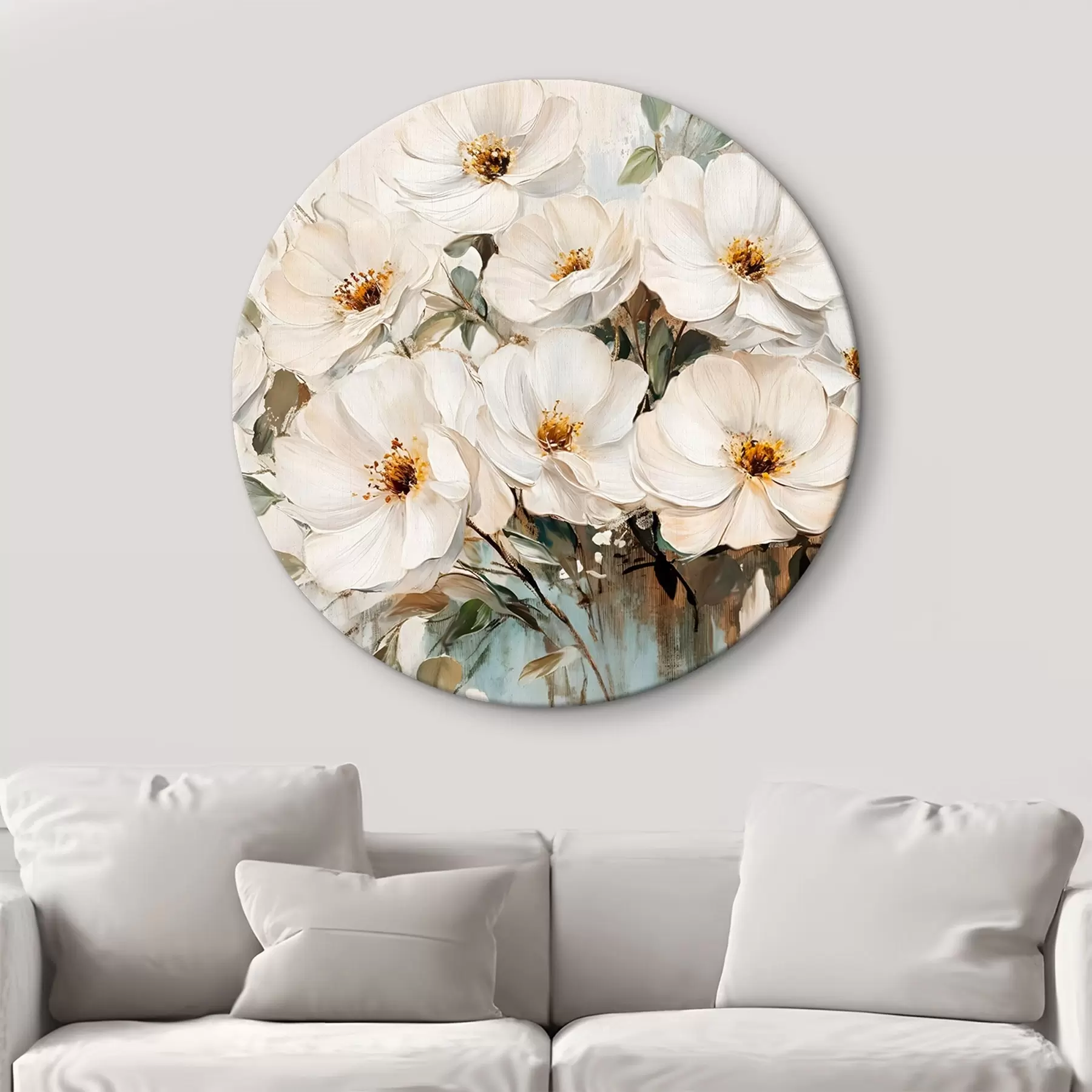 murales de pared Ramo de grandes flores blancas al óleo con centros amarillos sobre fondo claro r42222