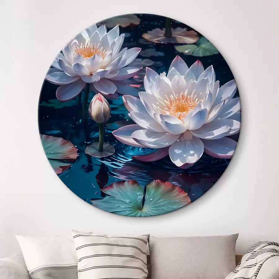 murales de pared Flores de loto blancas flotando en un estanque tranquilo con nenúfares r42225