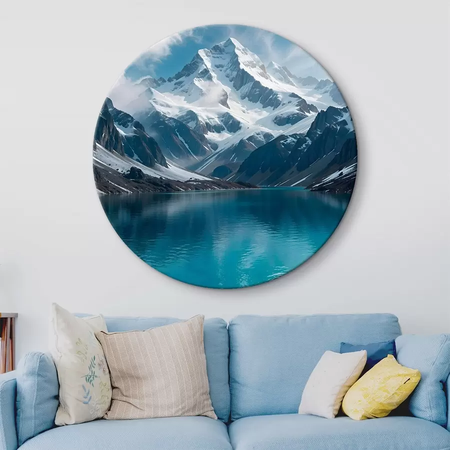 murales de pared Un pico de montaña nevado reflejado en un sereno lago turquesa, rodeado de terreno rocoso y dramáticas nubes r42232