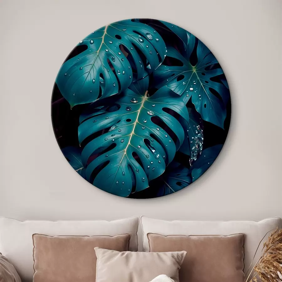 murales de pared Exuberantes hojas tropicales de monstera con gotas de agua sobre un fondo oscuro, creando un estampado atmosférico y cambiante r42233