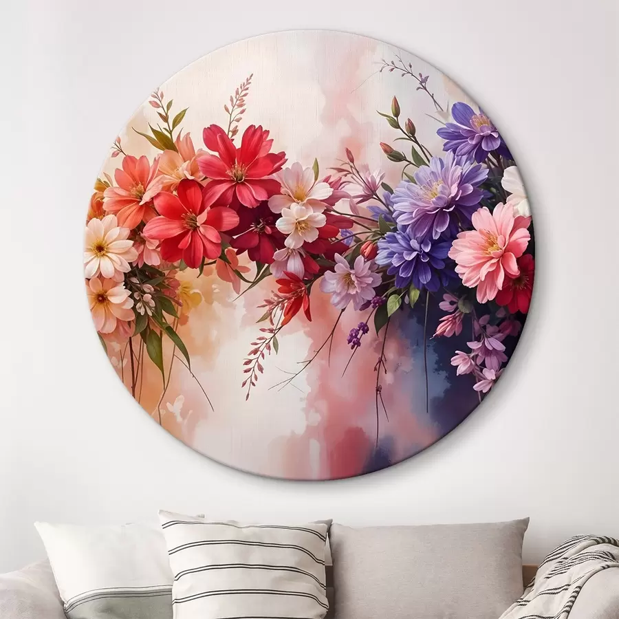 murales de pared Flores de colores como dalias rojas, rosas y moradas, margaritas y otras flores sobre un fondo suave y difuminado r42234