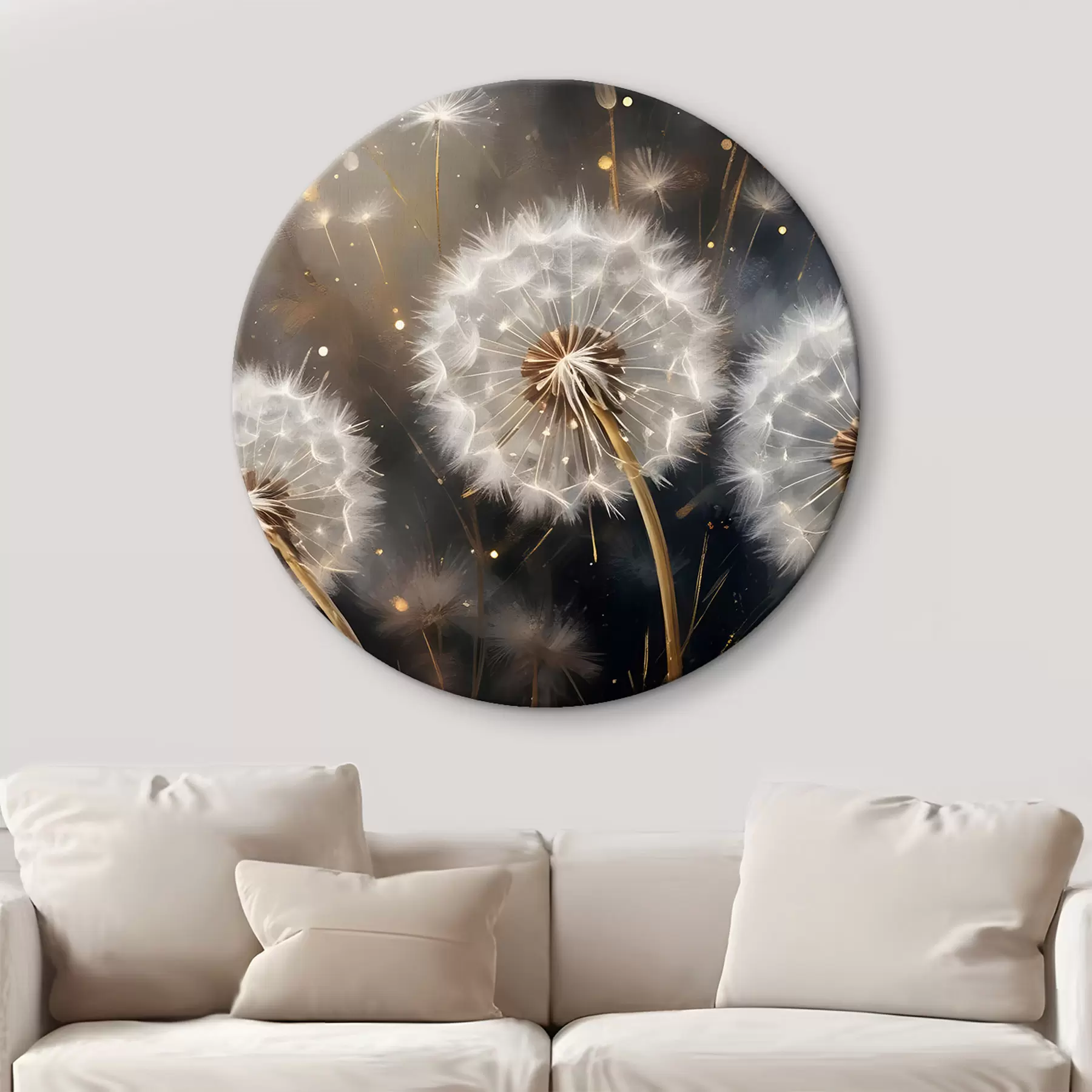 murales de pared Flores de diente de león con sus esponjosas cabezas de semillas blancas sobre un fondo oscuro, creando una atmósfera mágica r42235