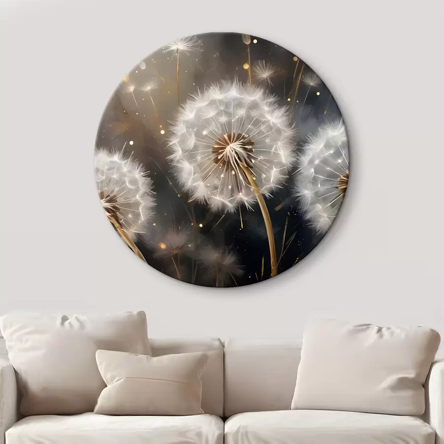 murales de pared Flores de diente de león con sus esponjosas cabezas de semillas blancas sobre un fondo oscuro, creando una atmósfera mágica r42235