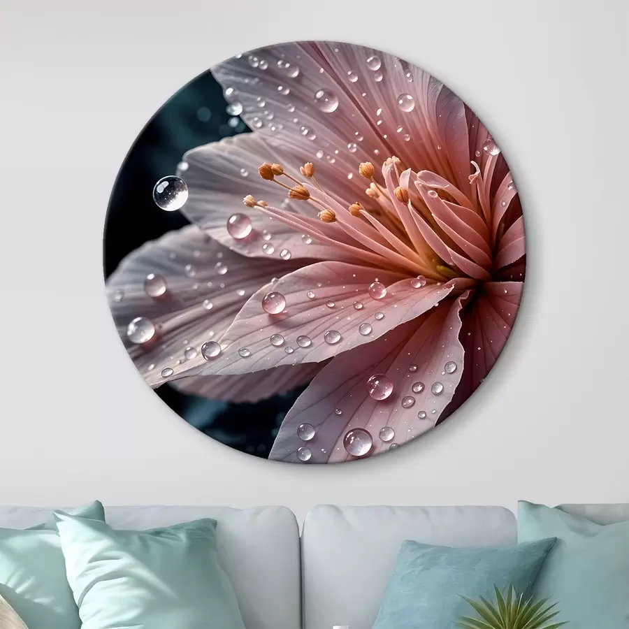murales de pared Primer plano de una flor rosa con delicados pétalos cubiertos de gotas de agua, sobre un fondo oscuro r42237
