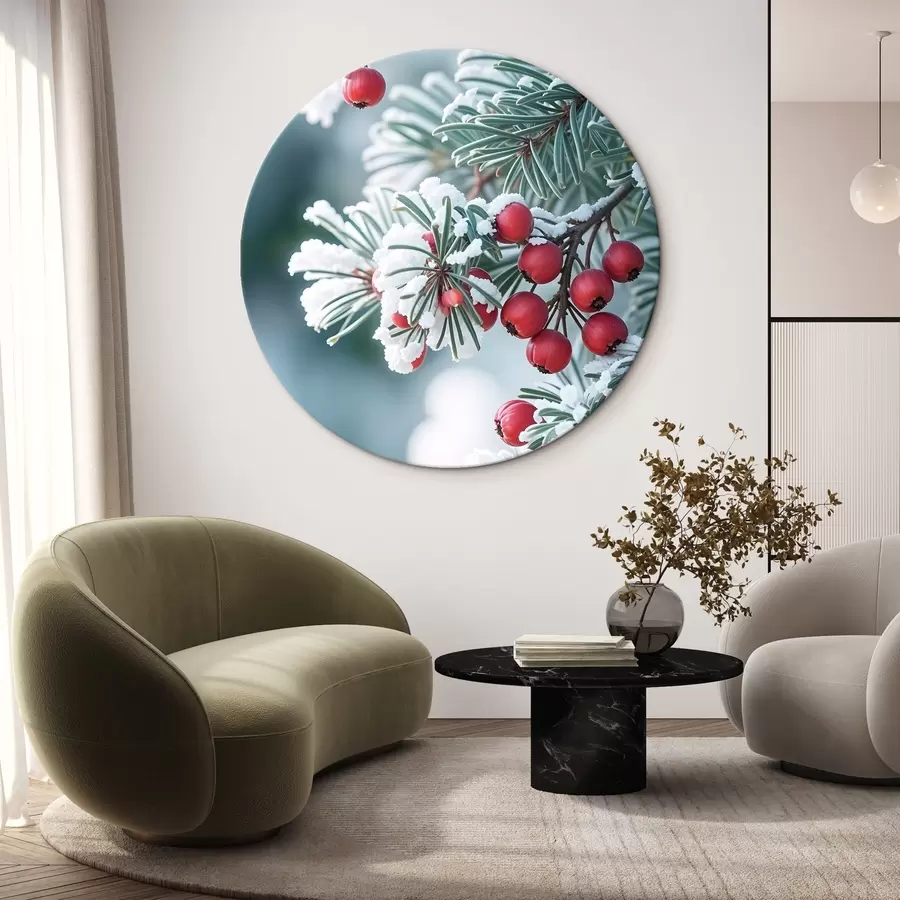 murales de pared Rama de pino nevado con bayas rojas , escena invernal r42238