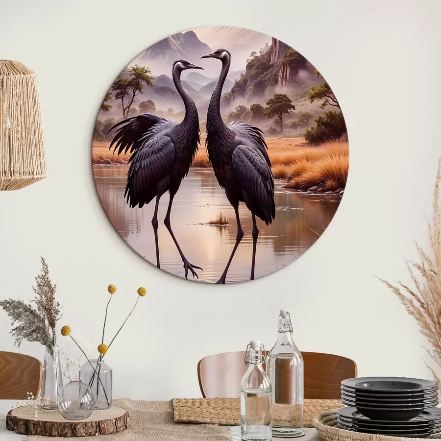 murales de pared Dos grandes grullas negras de pie en un estanque poco profundo , con un paisaje montañoso de fondo r42240