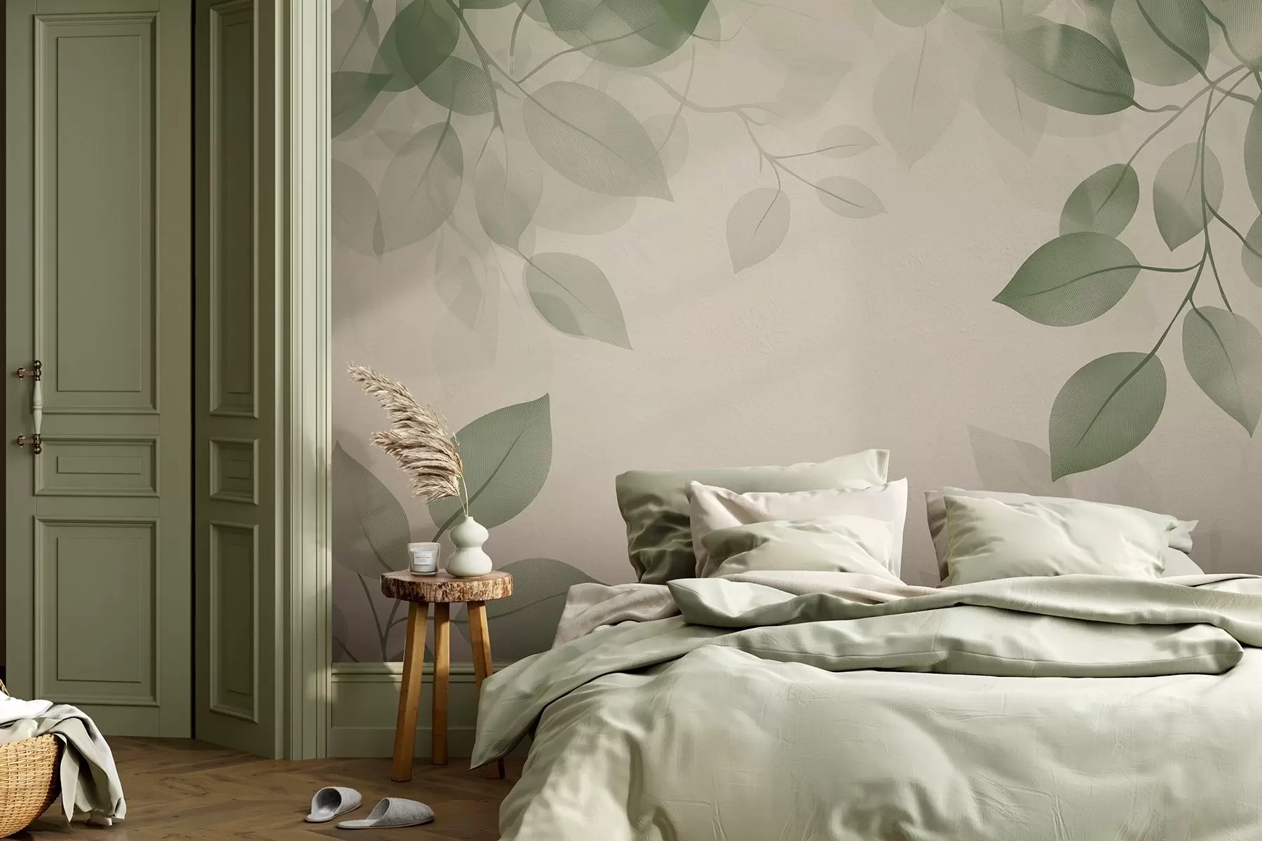 murales de pared Ramas colgantes con hojas en tonos verdes w08551v1