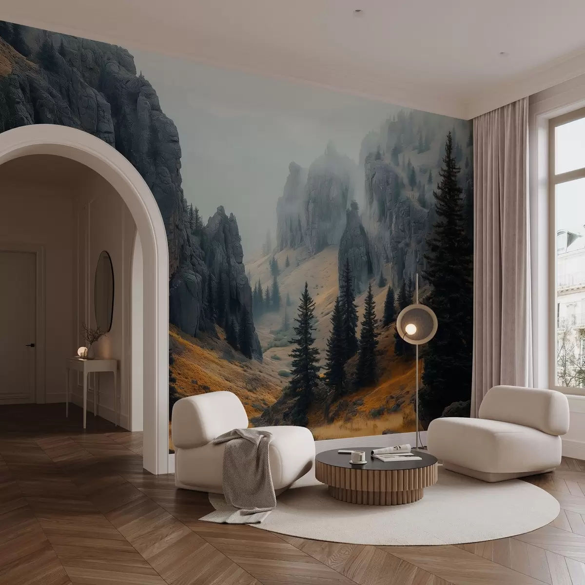 murales de pared paisaje místico con rocas y abetos w02682