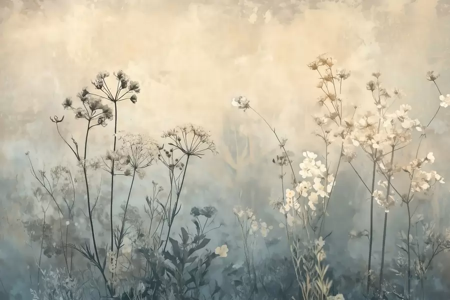 murales de pared papel pintado ecológico con flores silvestres y plantas sobre fondo texturizado w02685