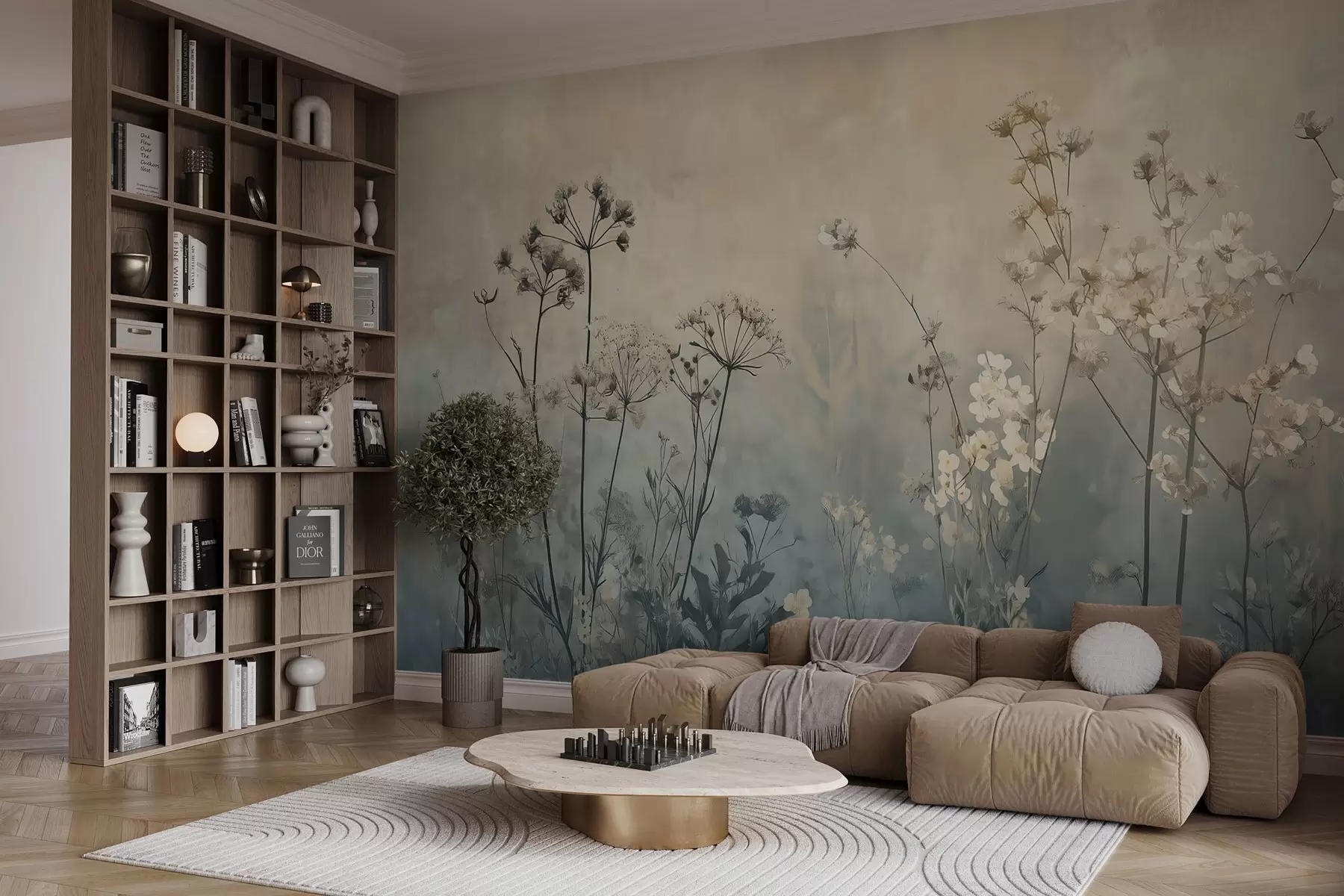 murales de pared papel pintado ecológico con flores silvestres y plantas sobre fondo texturizado w02685