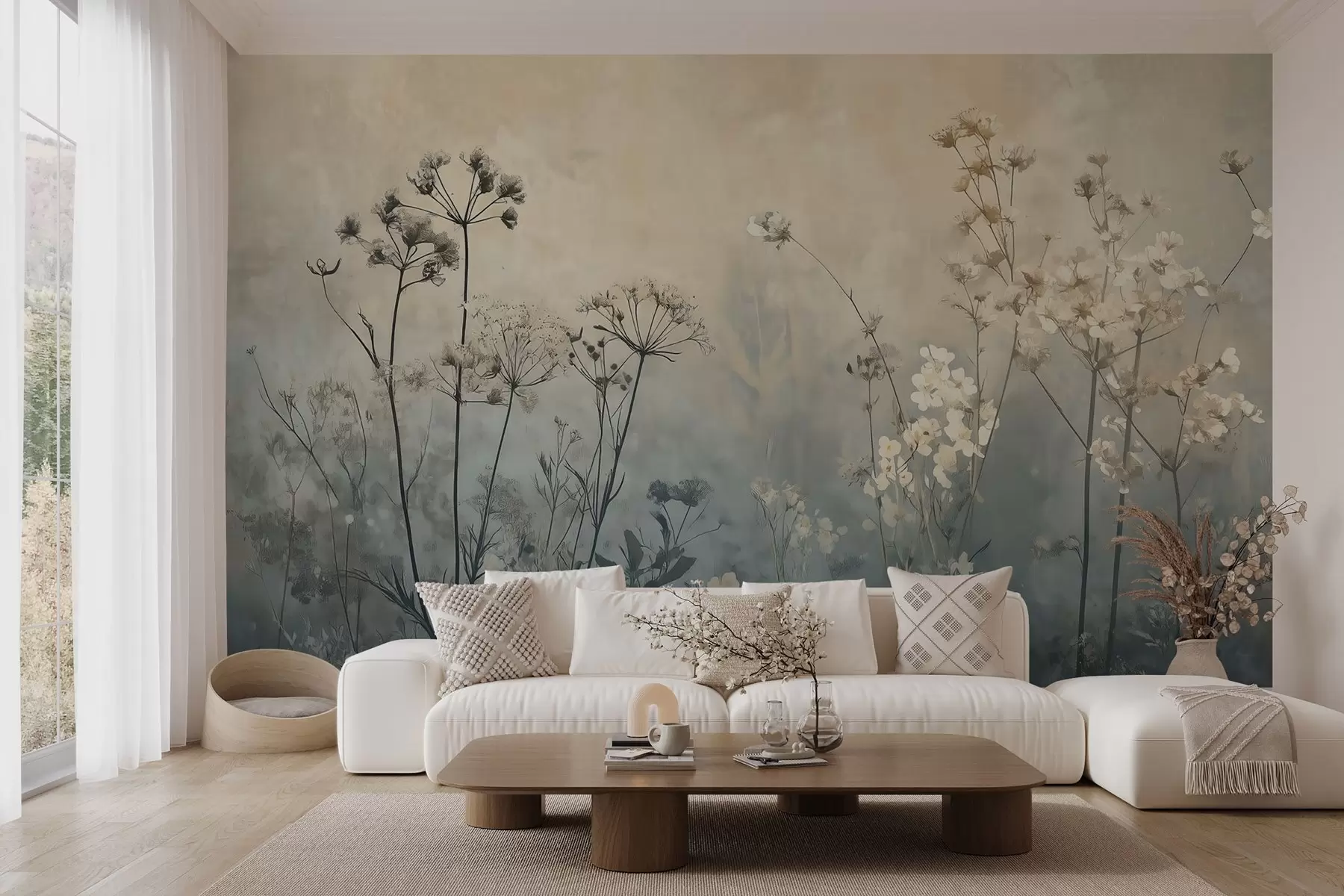 murales de pared papel pintado ecológico con flores silvestres y plantas sobre fondo texturizado w02685