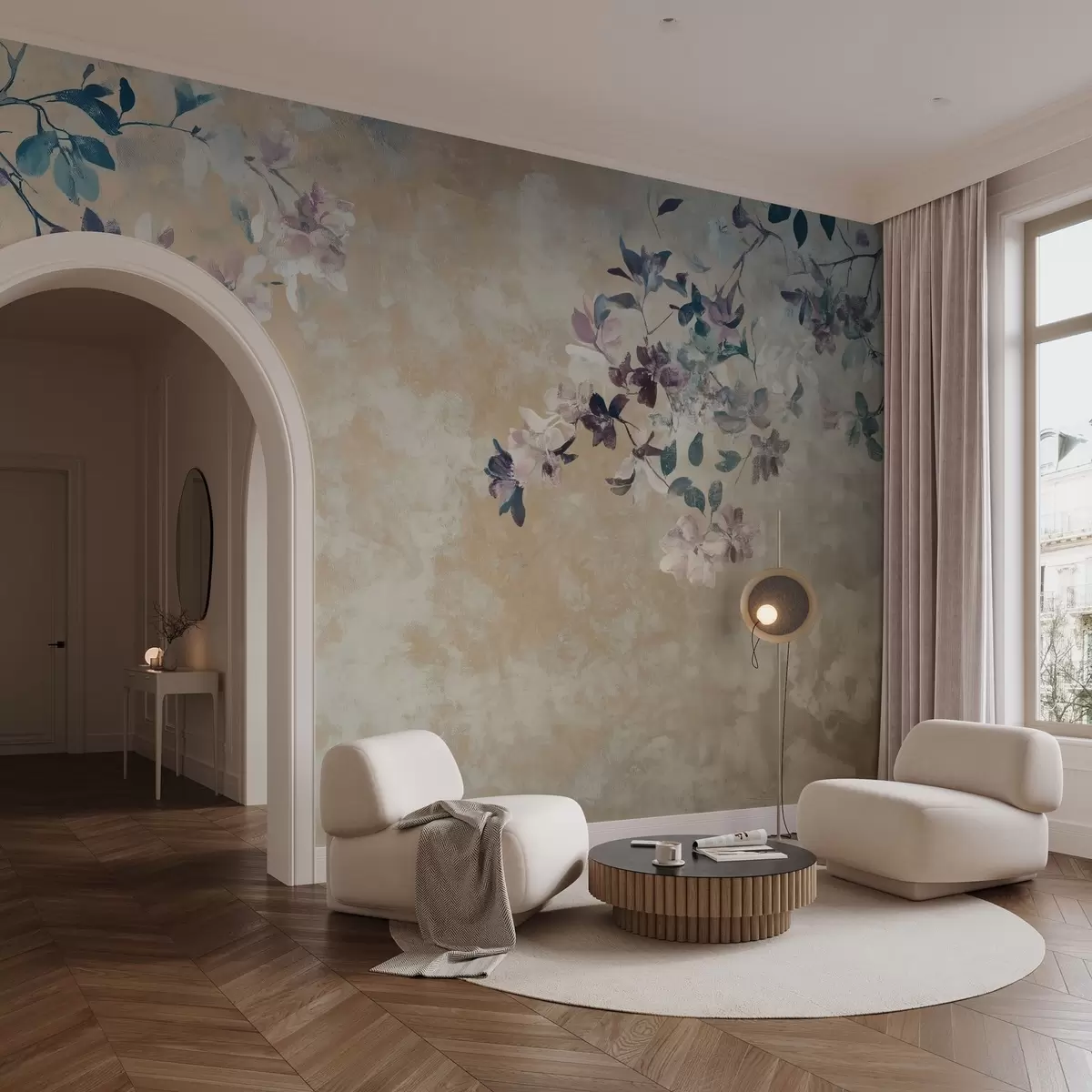 murales de pared papel pintado de estilo retro con ramas y flores w02686