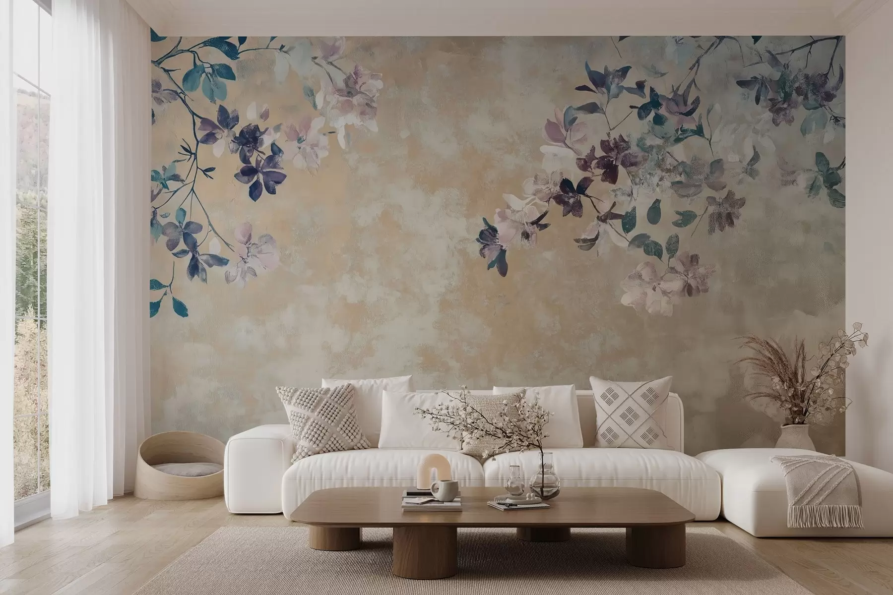 murales de pared papel pintado de estilo retro con ramas y flores w02686