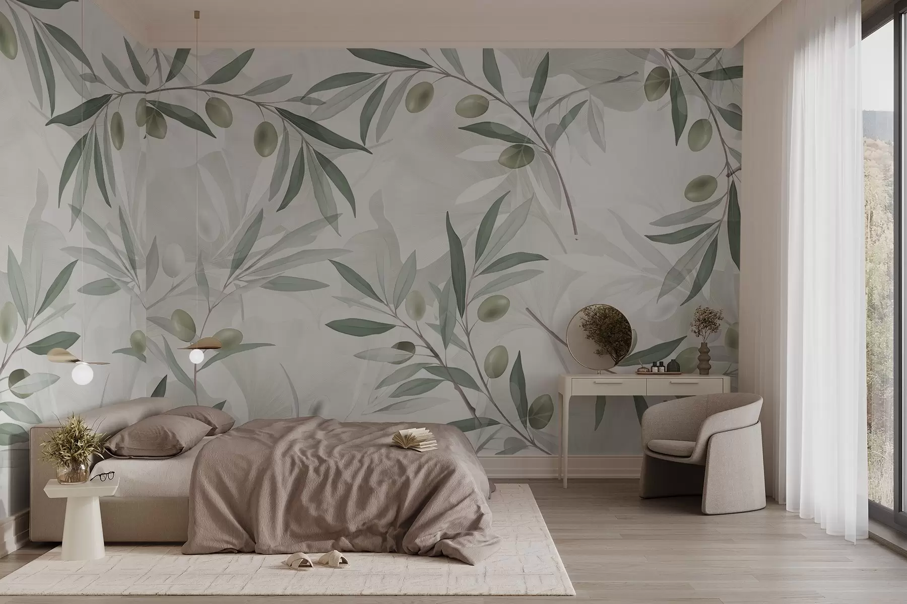 murales de pared Ramas de olivo con hojas verdes y aceitunas sobre fondo claro w08576