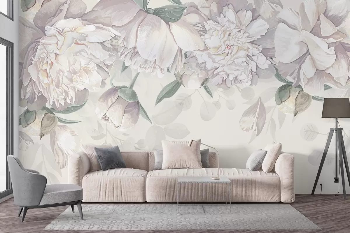 murales de pared Delicadas peonías blancas y rosas pastel con hojas verdes, dispuestas en un suave y romántico fondo floral w08577