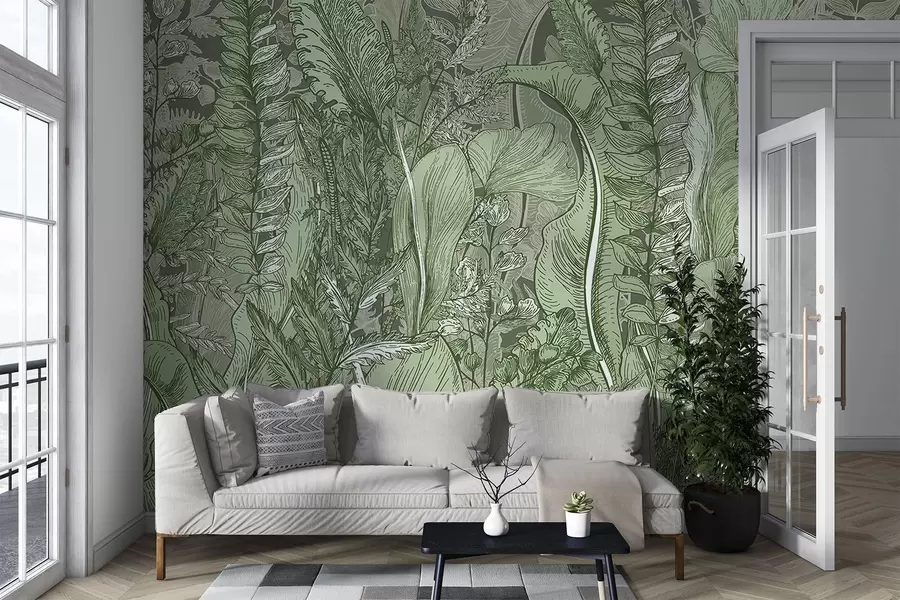 murales de pared Un bosque frondoso y verde con varios tipos de helechos, hojas y follaje en tonos verdes  w08579