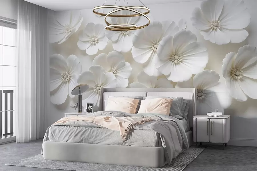 murales de pared Flores blancas con delicados pétalos y centros sobre fondo claro w08587