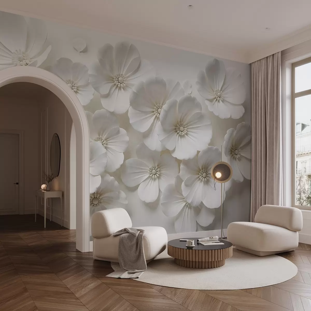 murales de pared Flores blancas con delicados pétalos y centros sobre fondo claro w08587