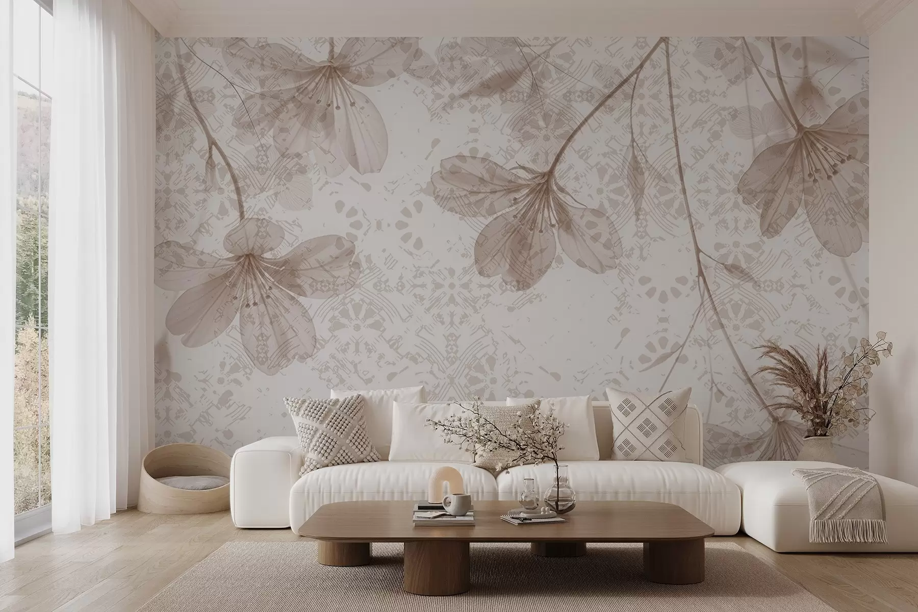 murales de pared Delicadas flores beige y blancas con largos tallos y pétalos sobre un fondo de textura suave y difuminada w08588v1