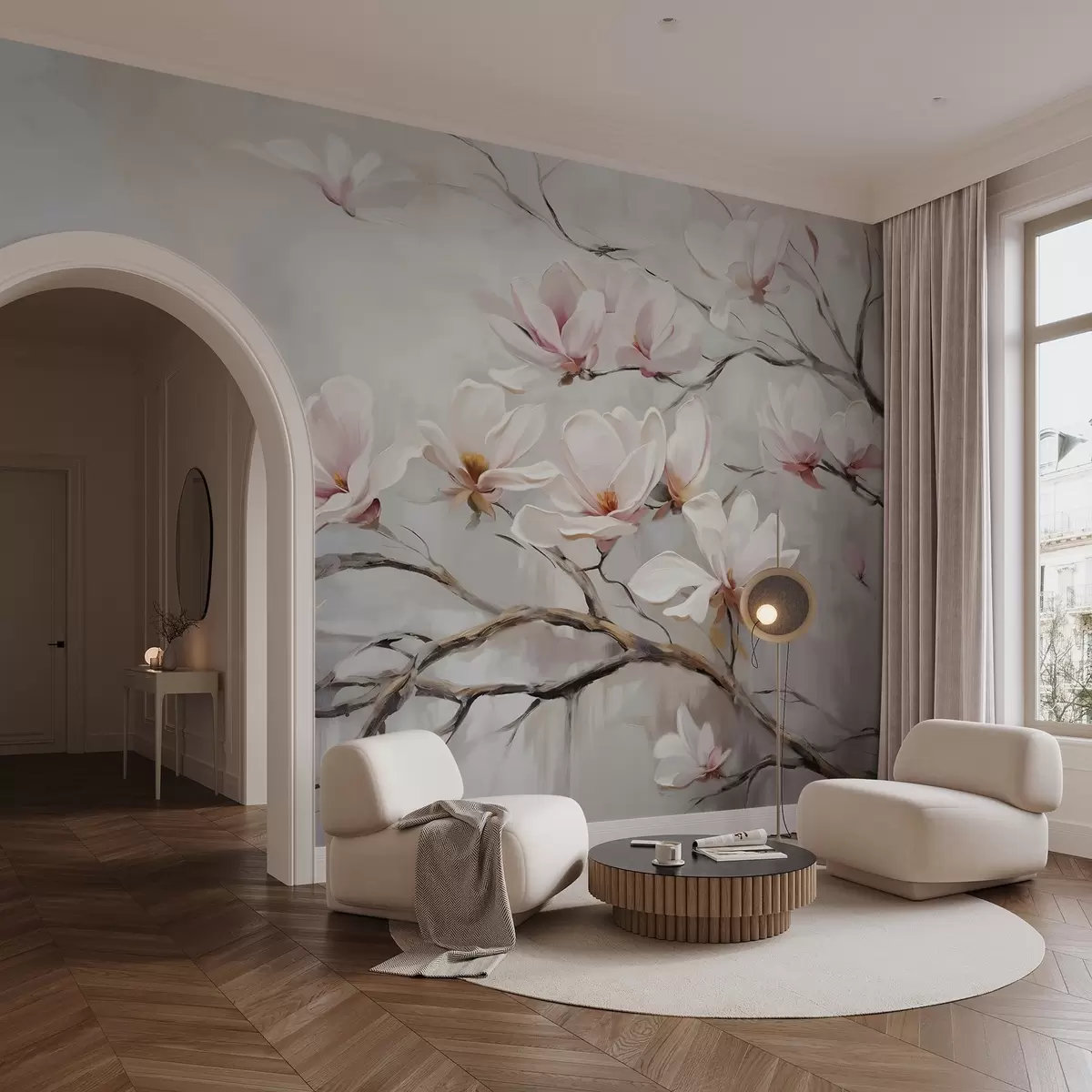 murales de pared Delicadas flores rosas de magnolia floreciendo en las ramas desnudas de un árbol sobre un fondo suave y brumoso w08589