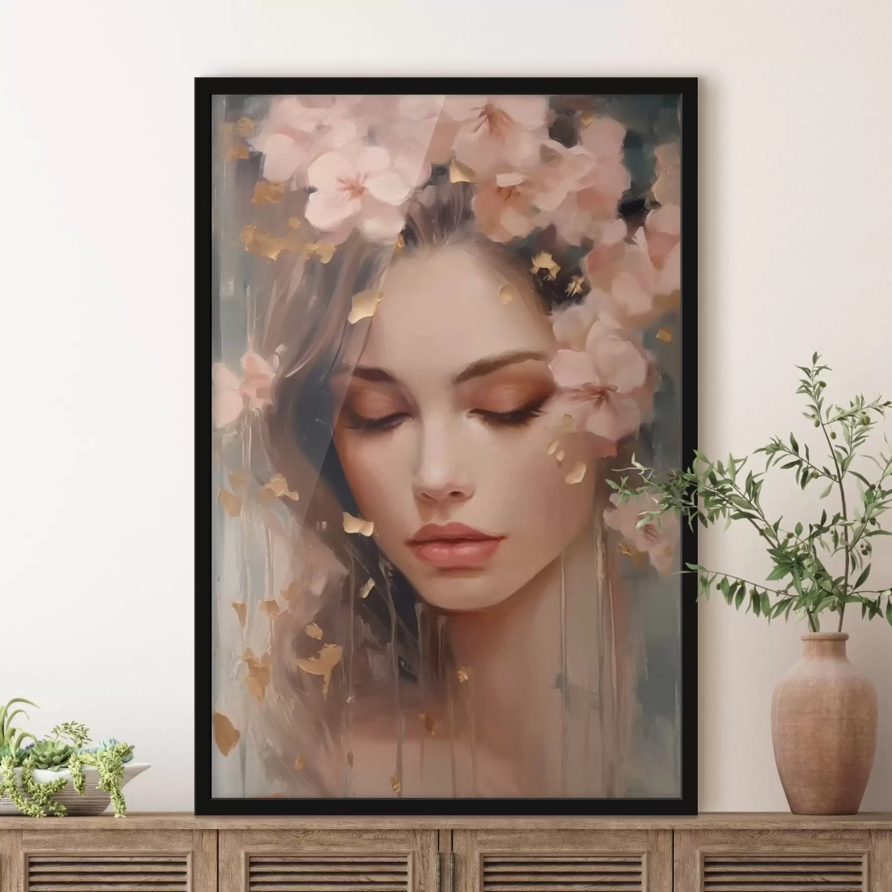 murales de pared Cara de niña y flores f42300