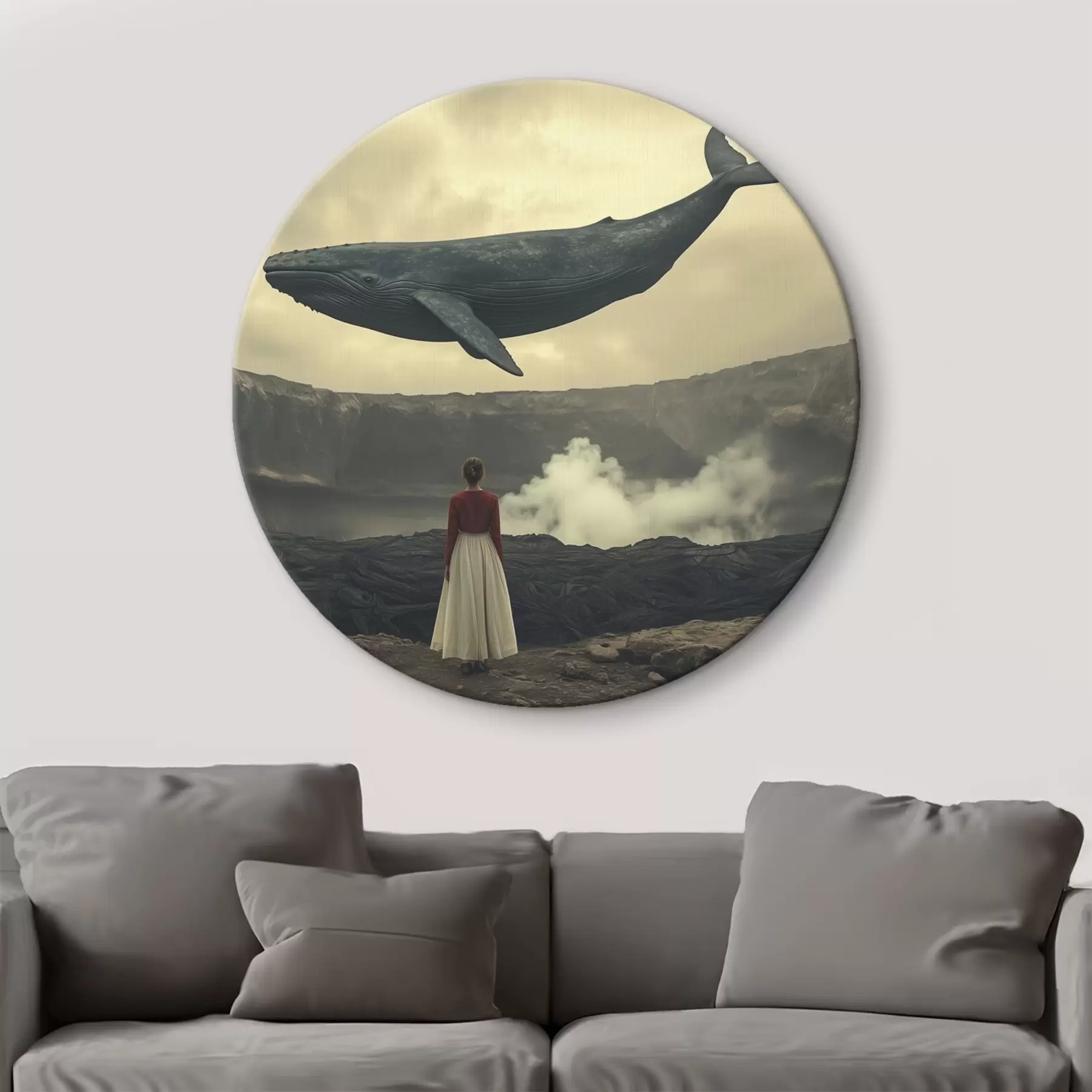 murales de pared Chica sobre lava con una gran ballena voladora en el cielo r40986