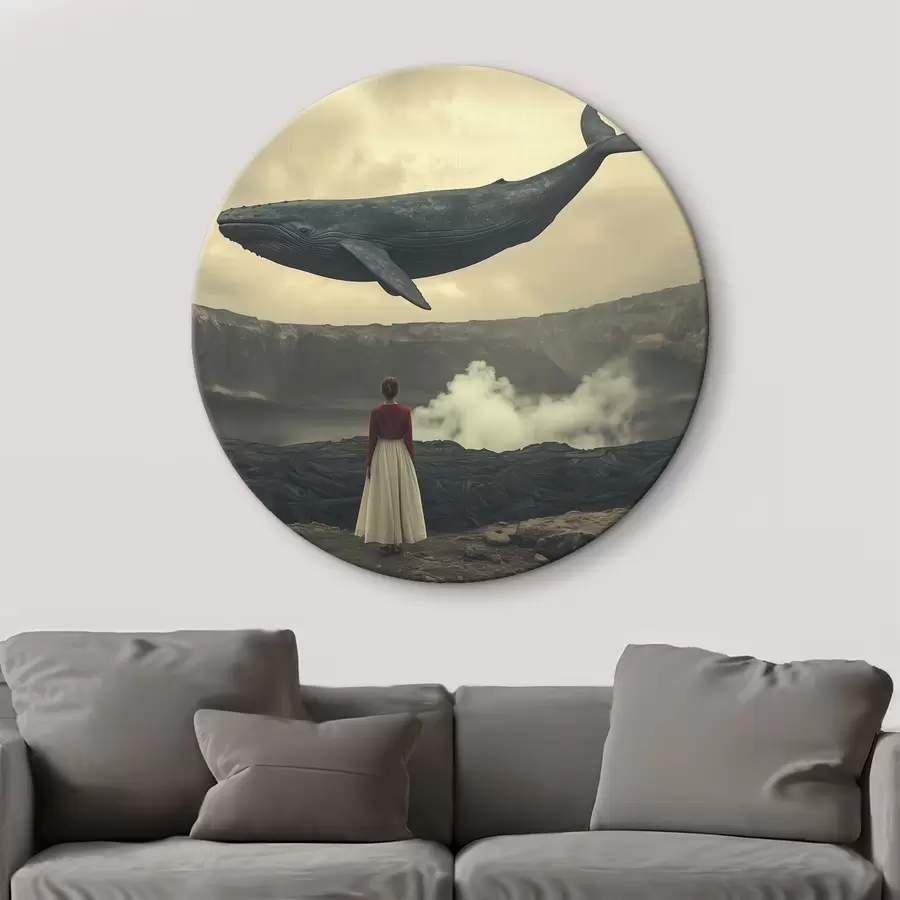 murales de pared Chica sobre lava con una gran ballena voladora en el cielo r40986