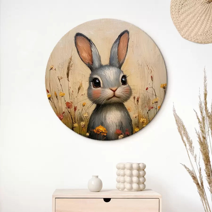 murales de pared Conejo en el campo entre flores con pinceladas r40999