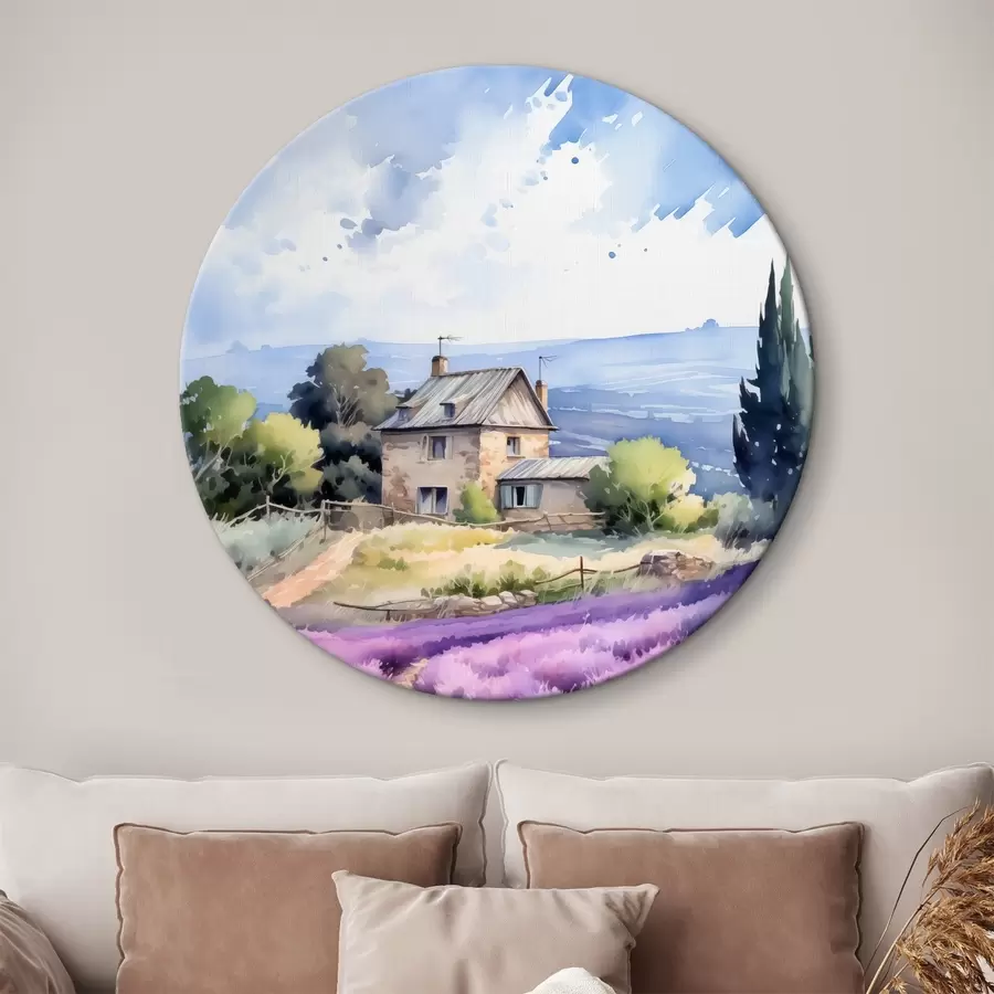 murales de pared Casa de campo con montañas al fondo cerca de un campo de lavanda r41012