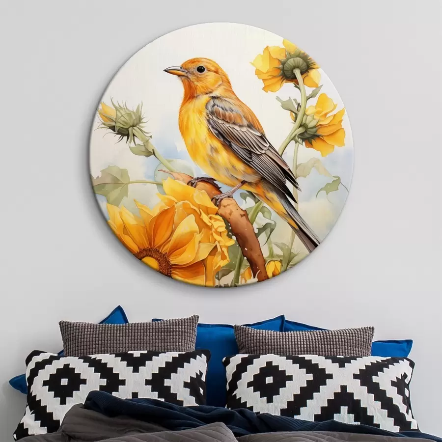 murales de pared Pájaro amarillo sentado en un girasol acuarela r41015