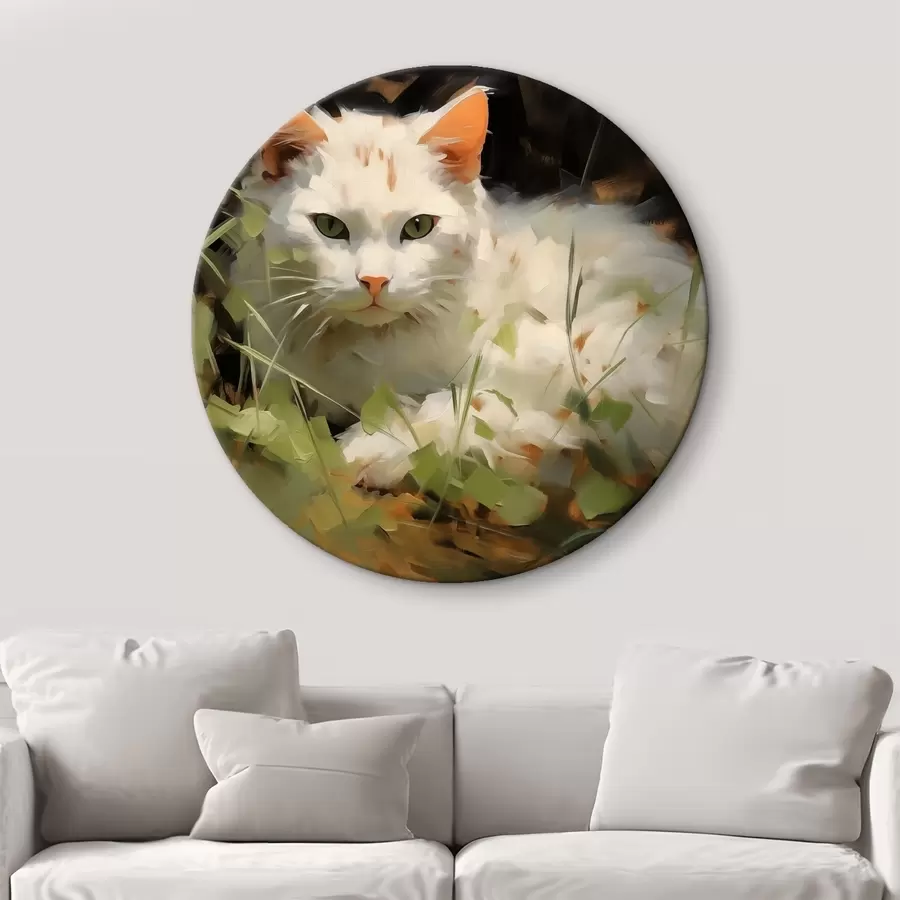 murales de pared Gato blanco tumbado en la hierba, imitación de pinceladas r41017