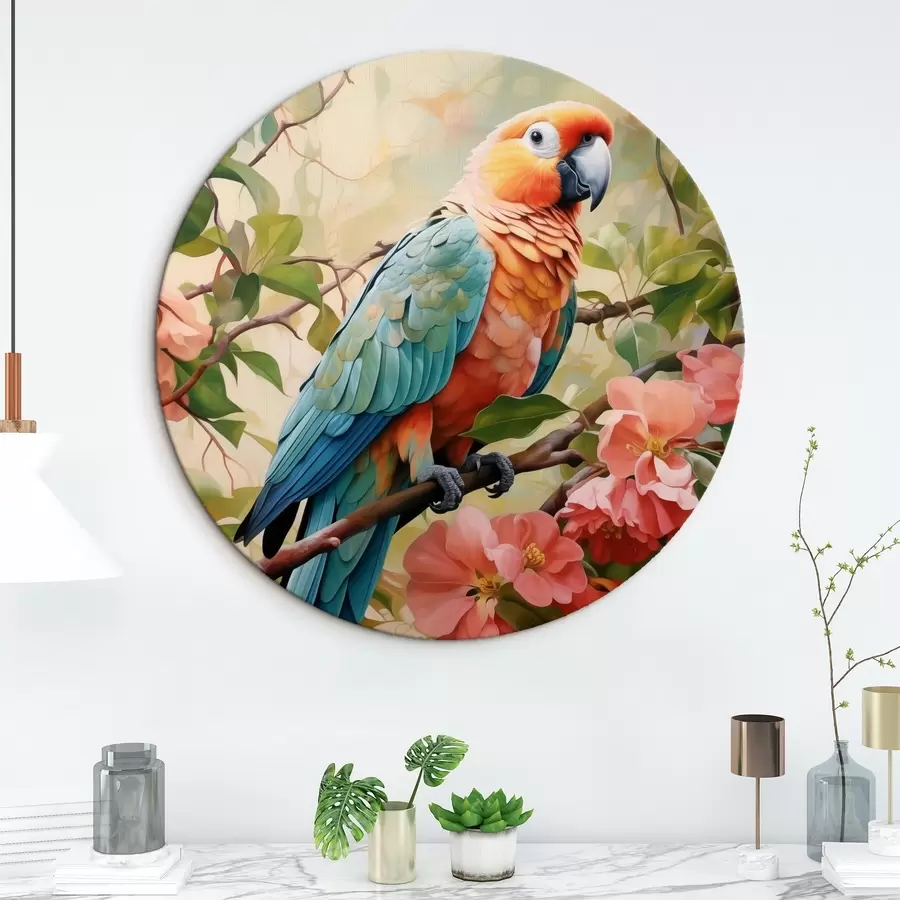 murales de pared Loro pardillo sentado en una rama con flores rosas r41018