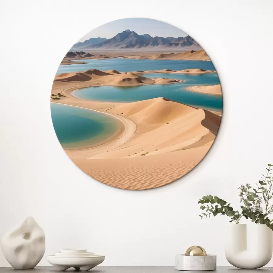 murales de pared Un vasto paisaje desértico con dunas onduladas y lagos de color turquesa, rodeado de escarpadas montañas r41087