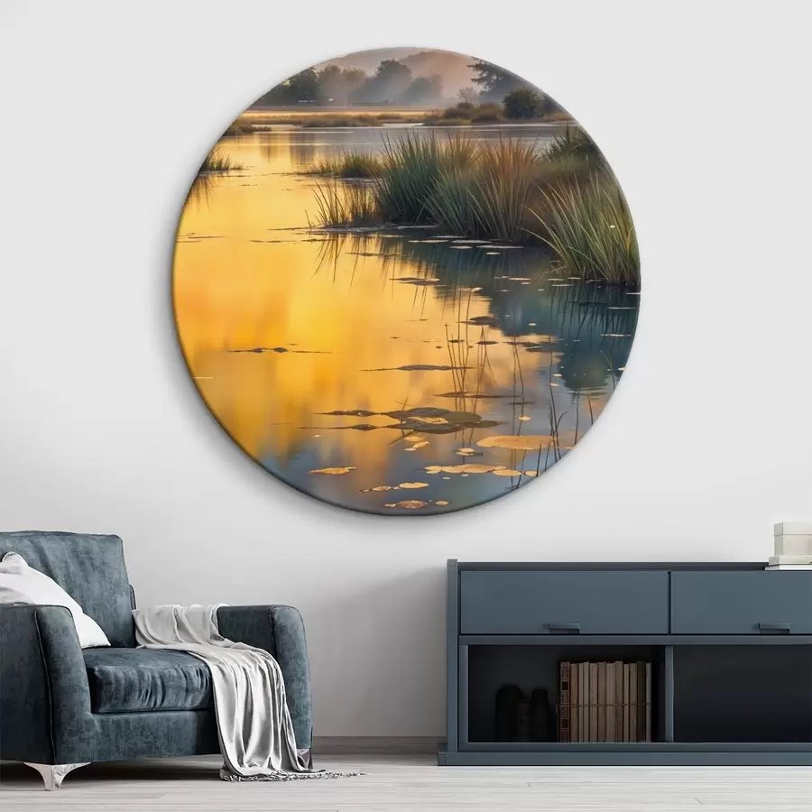 murales de pared Lago tranquilo rodeado de pinos al atardecer, con niebla y aguas tranquilas r41088