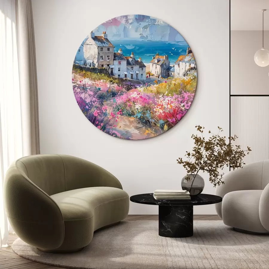 murales de pared Un colorido óleo que representa una ciudad costera con casas blancas y un vibrante jardín de flores en primer plano r41090