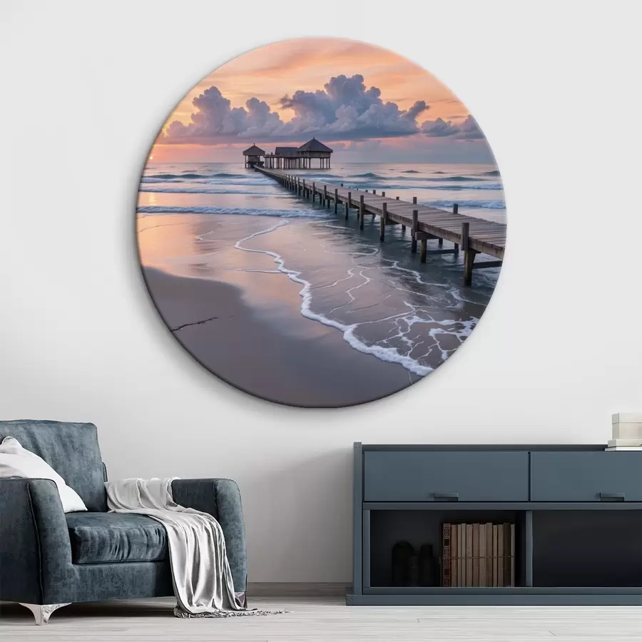 murales de pared Muelle de madera con vistas al océano en calma al atardecer con nubes de colores r41091