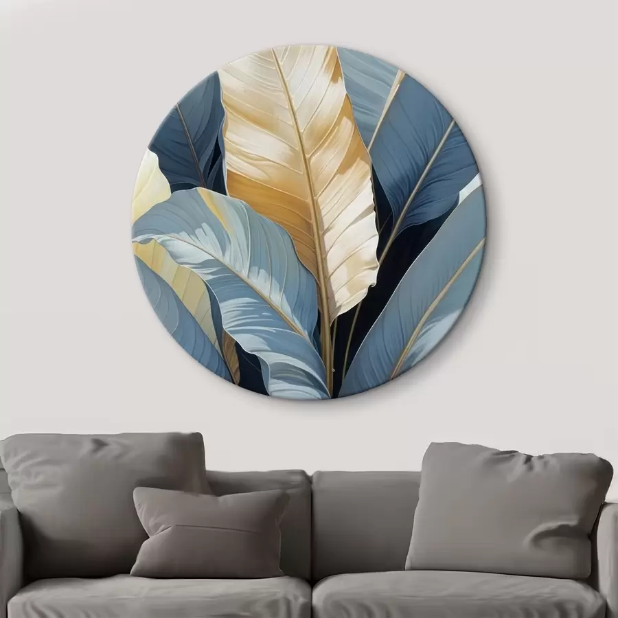 murales de pared Hojas tropicales con tonos azules y amarillos, grandes hojas de palmera o plátano con un exuberante fondo natural r41097