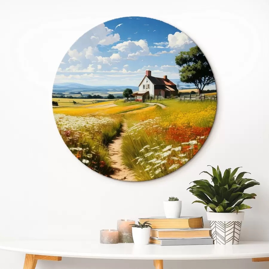 murales de pared camino en un campo florido y casa r41109