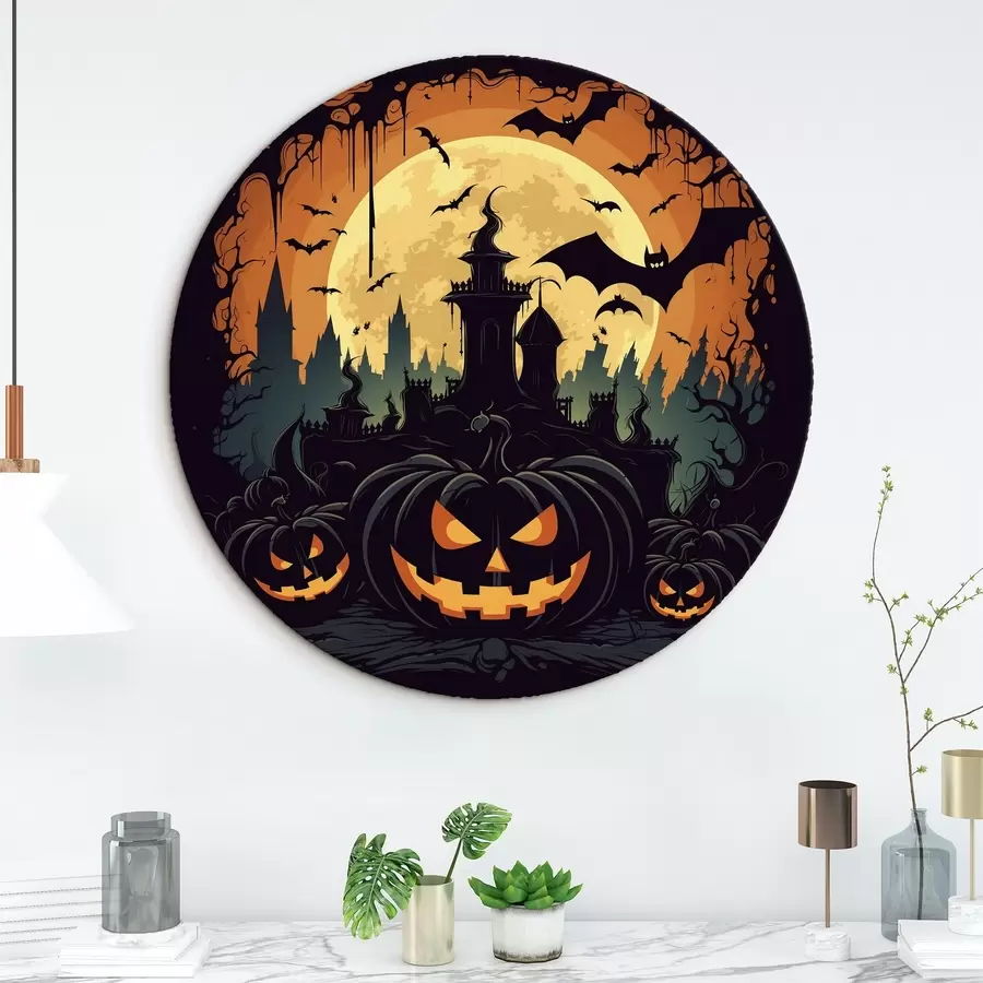 murales de pared Halloween, castillo con luna llena, murciélagos y calabazas de fondo r41138
