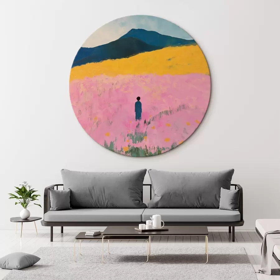 murales de pared Hombre en un campo con flores rosas r41164