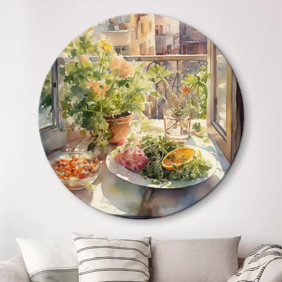 murales de pared Cena de acuarela, vista de la ciudad, flores, naturaleza, ensalada verde r41166