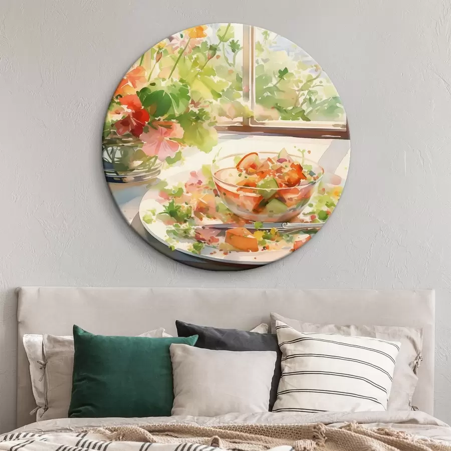 murales de pared Ensalada verde acuarela, luz del sol en la ventana, estilo rústico r41167