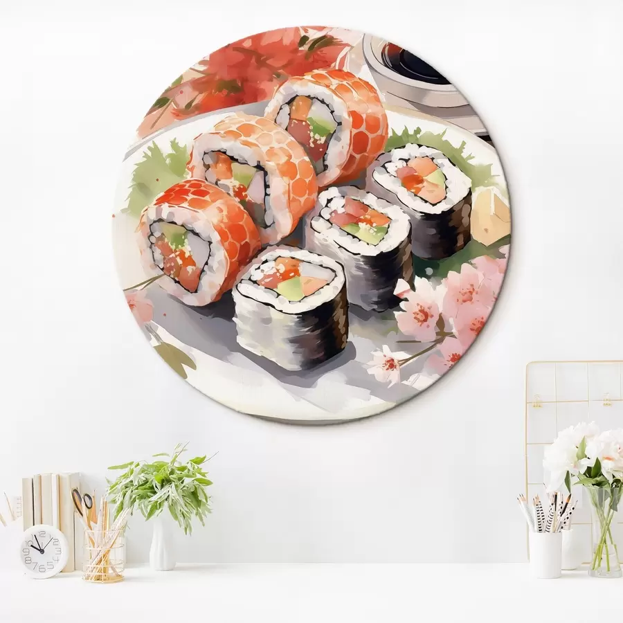 murales de pared Sushi en un plato, acuarela, floral, japonés r41179