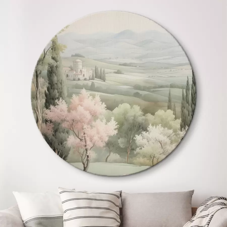 murales de pared Acuarela naturaleza, colores delicados, rosas, árboles, colinas verdes r41223