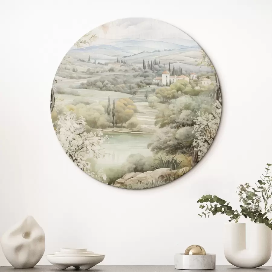 murales de pared Floraciones de la naturaleza, colores suaves de acuarela, árboles y flores, lago r41224