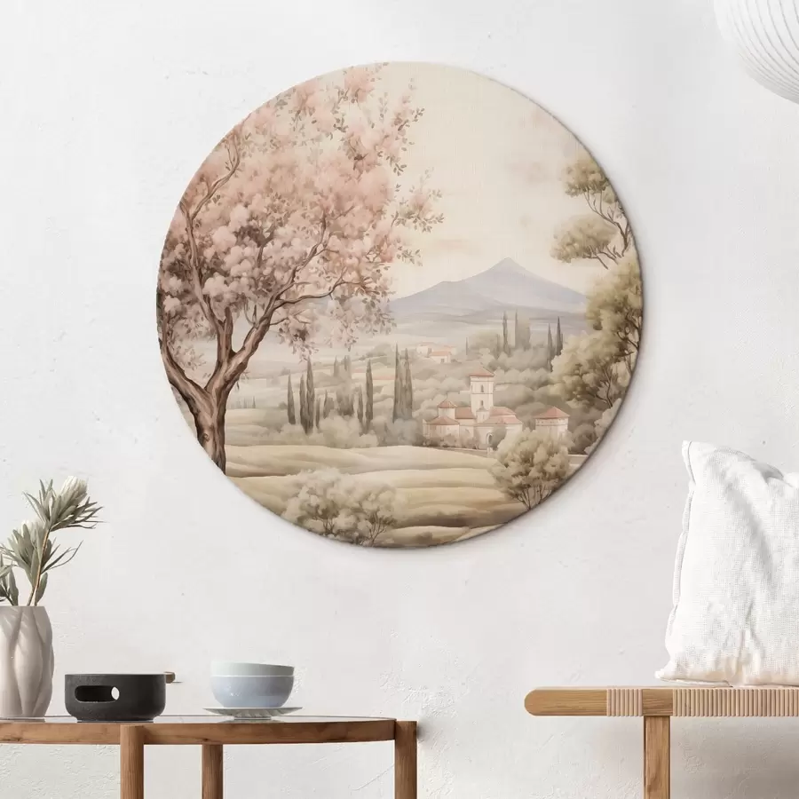 murales de pared Acuarela colinas, cerezos en flor, castillo, estilo rústico r41225