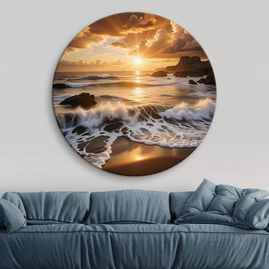 murales de pared Dramática puesta de sol sobre la costa rocosa, con olas rompiendo y espectaculares nubes en el cielo r41245