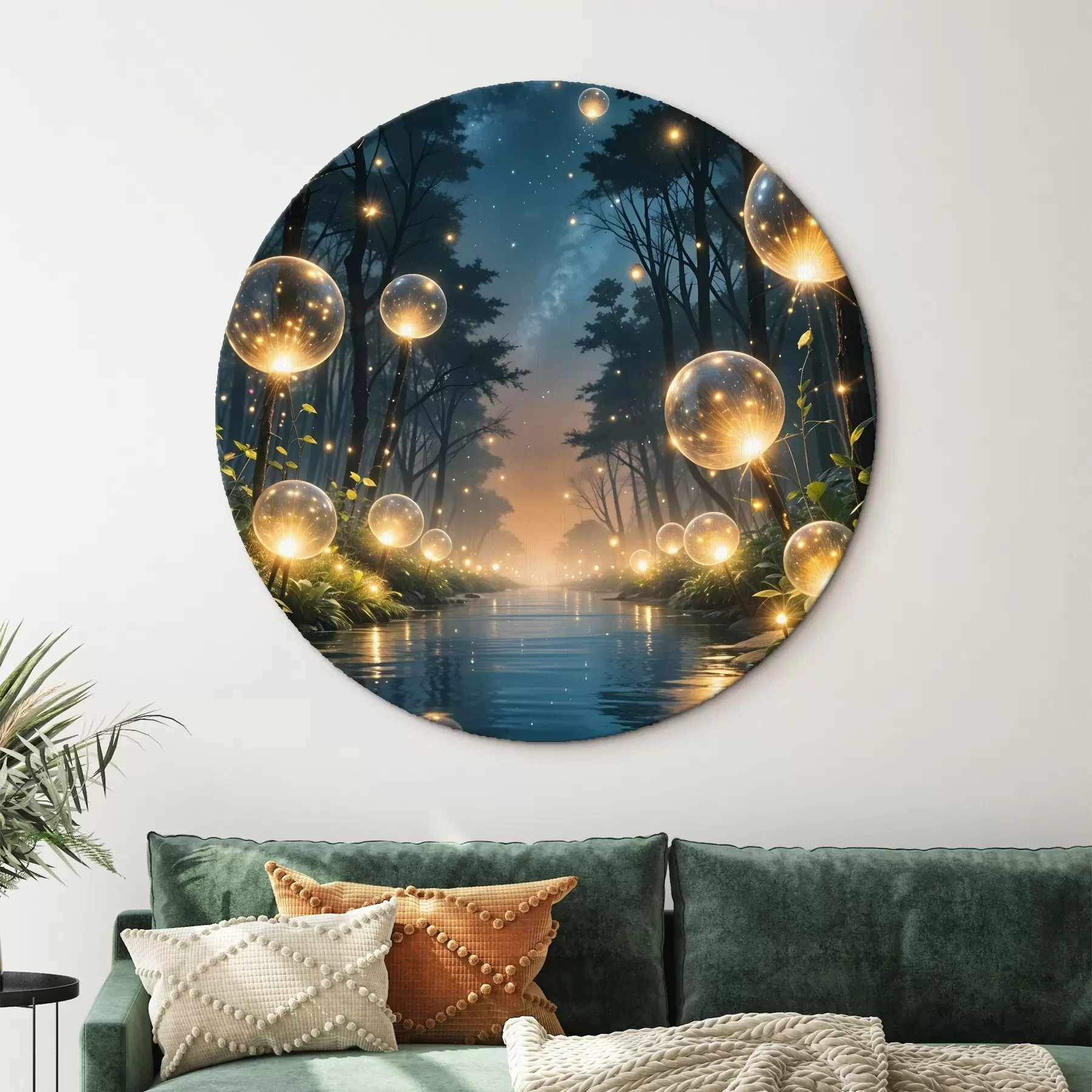 murales de pared Bosque mágico de noche con orbes amarillos y luciérnagas flotando entre los árboles, creando una atmósfera caprichosa r41259