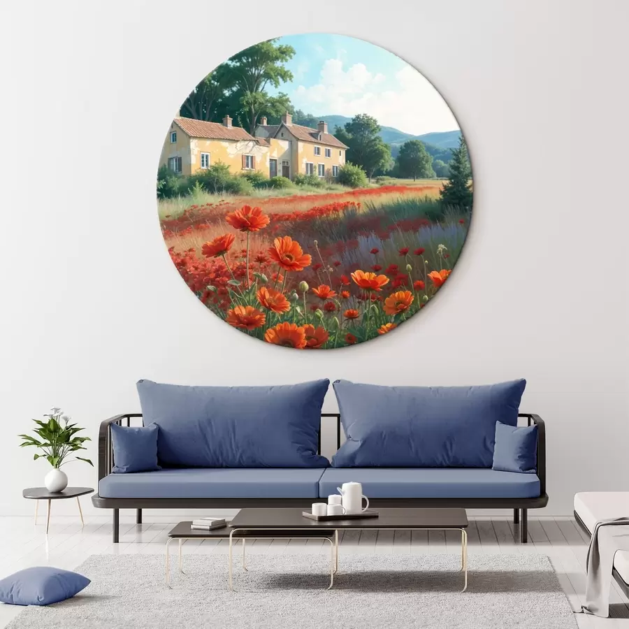 murales de pared Un campo de vibrantes amapolas rojas en primer plano, con una hilera de encantadoras casas amarillas y blancas al fondo r41260